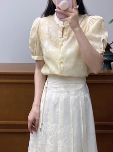 新中式套装国风衬衫女装中式盘扣高级感提花上衣短袖初夏2024新款