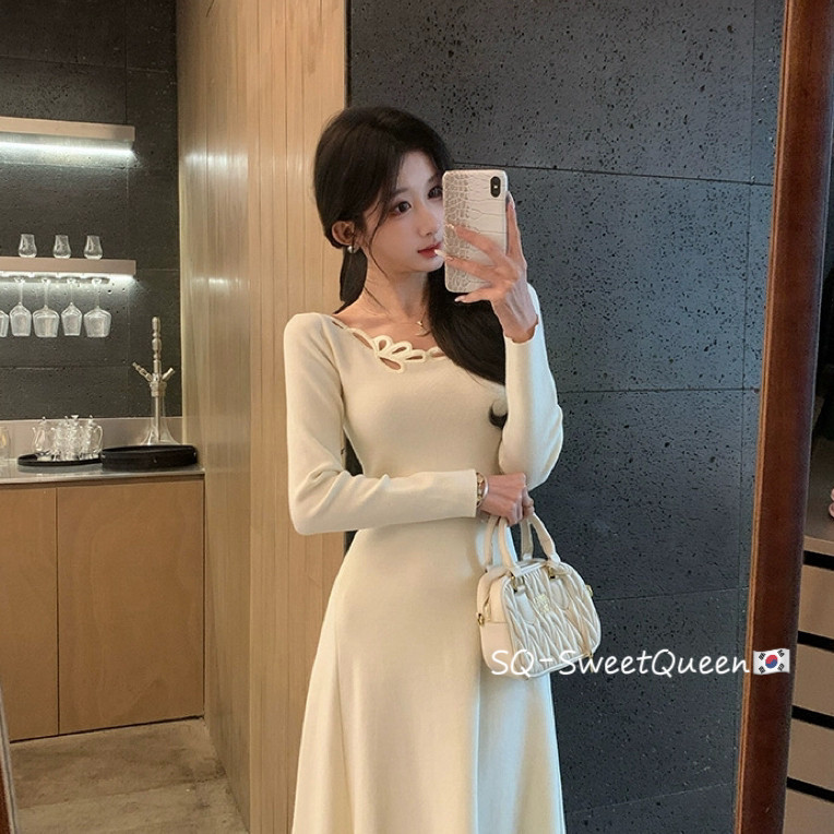 SQ-曲线小蛮腰秋冬气质纯欲花边领收腰显瘦针织连衣裙连衣裙6693Q