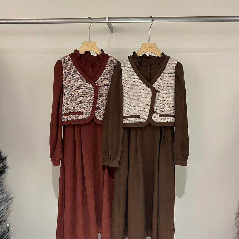 法式复古风马甲连衣裙两件套秋冬新款女茶歇裙显瘦小个子长裙套装