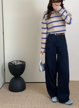 OU5012弯刀裤松弛感磨毛阔腿裤秋冬高腰显瘦宽松加绒直筒牛仔裤女