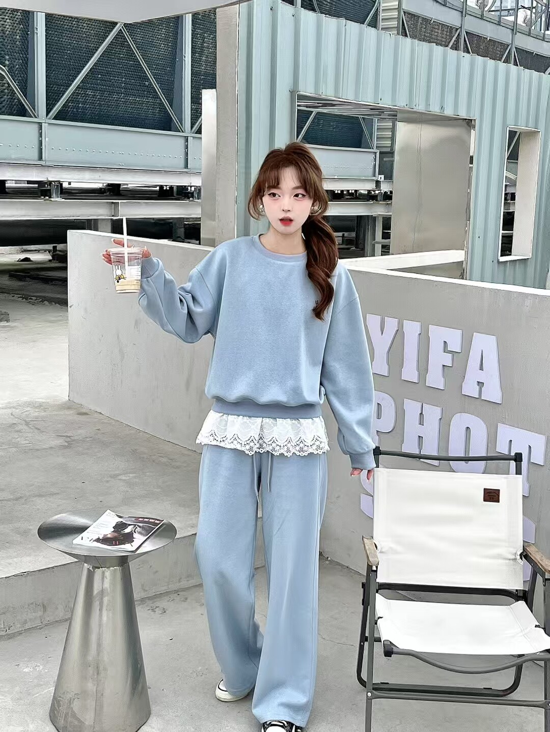 休闲运动套装女2025春装新款韩版时尚蕾丝拼接洋气宽松显瘦两件套