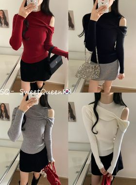 SQ2025冬季温柔风蝴蝶结露肩套头打底针织衫法式纯色毛衫上衣