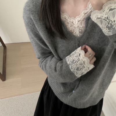 SQ-温柔滤镜秋冬韩系温柔蕾丝拼接百搭毛衣毛衣7783Q