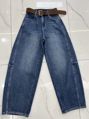 JEANS 56583 欧货2025冬季新款复合加厚绒阔腿牛仔裤女高腰弯刀裤