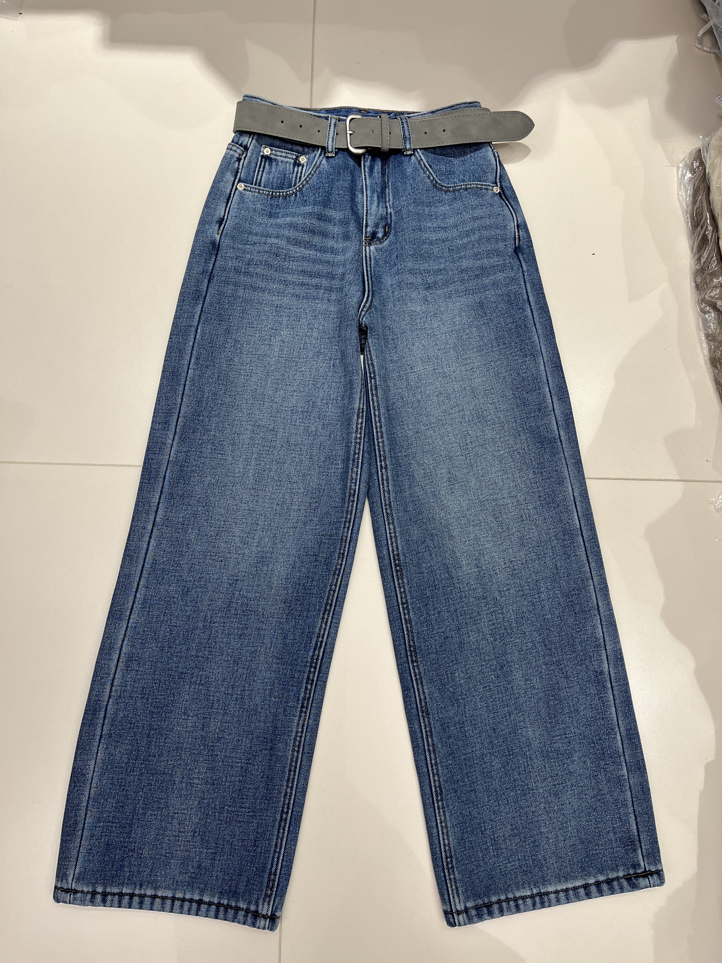 JEANS 9013欧货2025冬季新款复合加厚绒直筒牛仔裤女高腰阔腿长裤