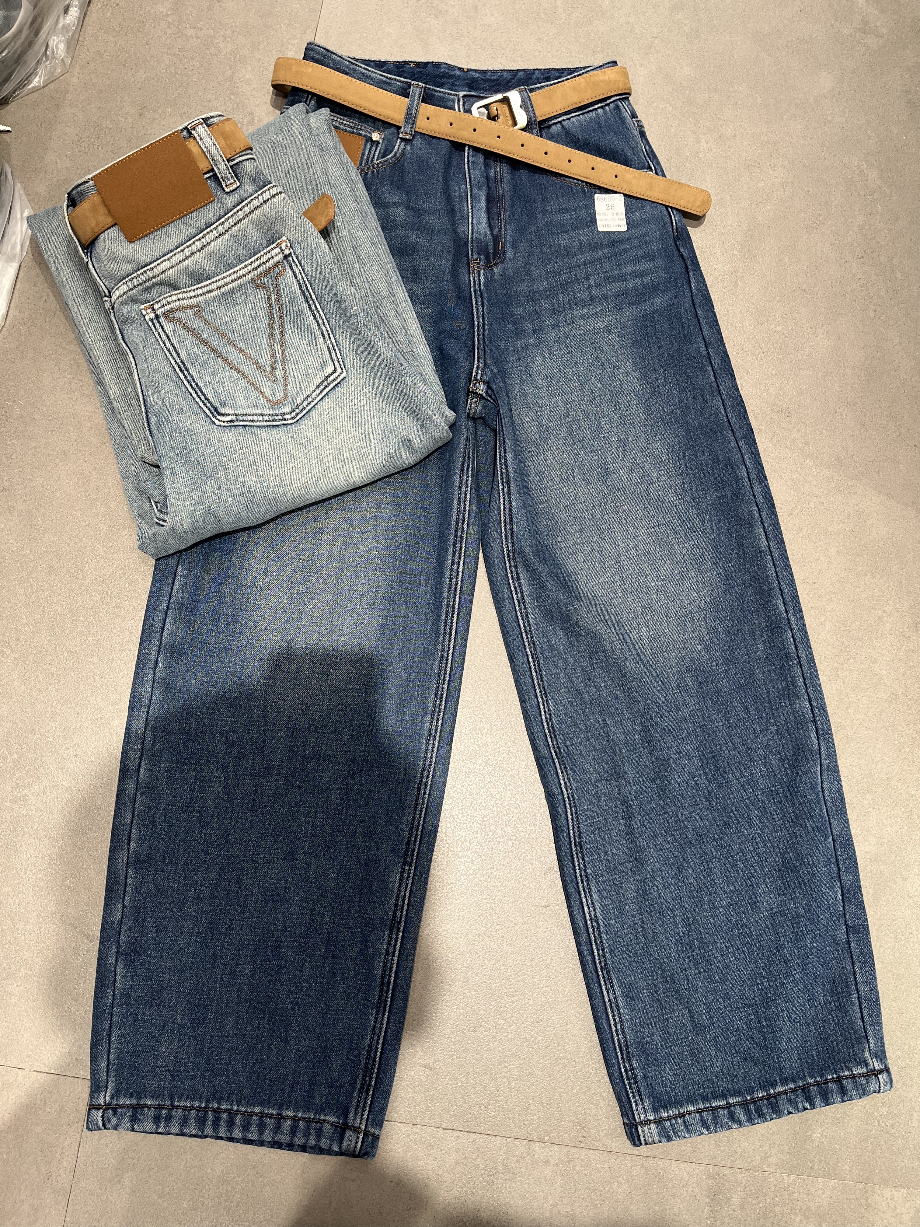 JEANS 68689 欧货2025冬季新款复合厚绒弯刀裤女高腰阔腿牛仔长裤