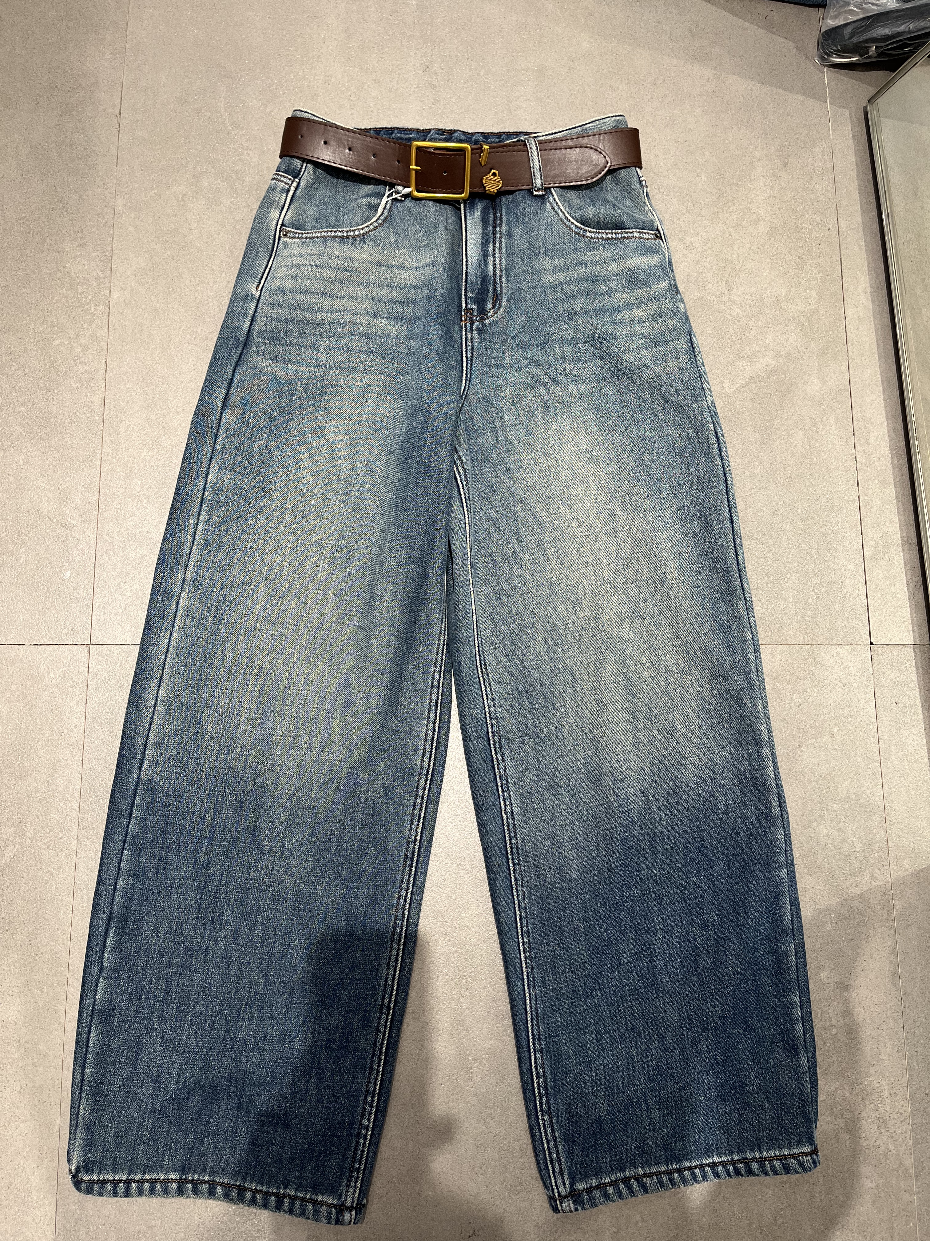 JEANS W913 欧货2025冬季新款复合加厚绒阔腿弯刀裤女宽松牛仔裤