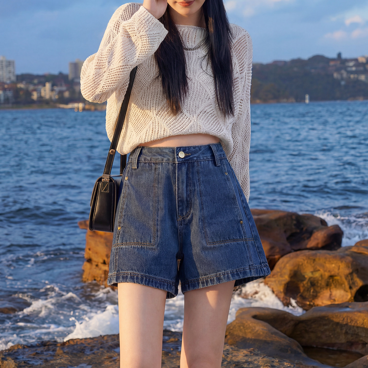 深蓝色高腰牛仔短裤女2026年夏季新款宽松显瘦A字版型阔腿热裤