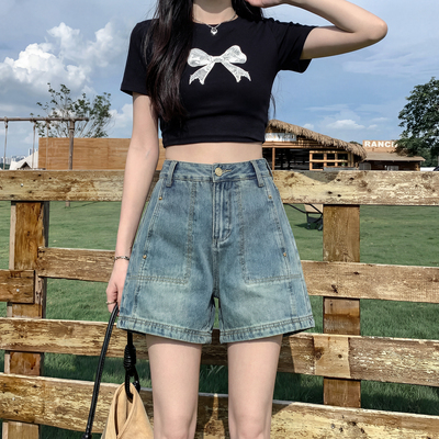 海岛蓝高腰牛仔短裤女2026年夏季新款宽松显瘦a字版型阔腿热裤