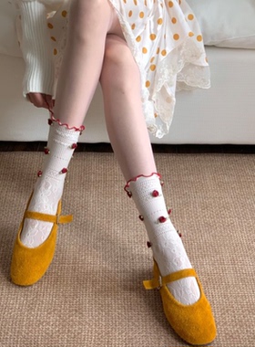 白色红玫瑰朵朵复古花边袜子女夏季薄款纯棉堆堆袜miu小众系镂空