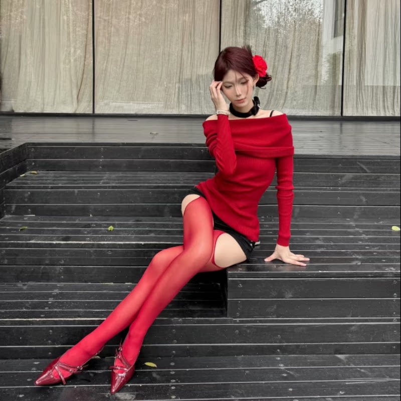 浅红四面镂空吊带袜马油油亮性感红色长筒丝袜女薄油光过膝大腿袜