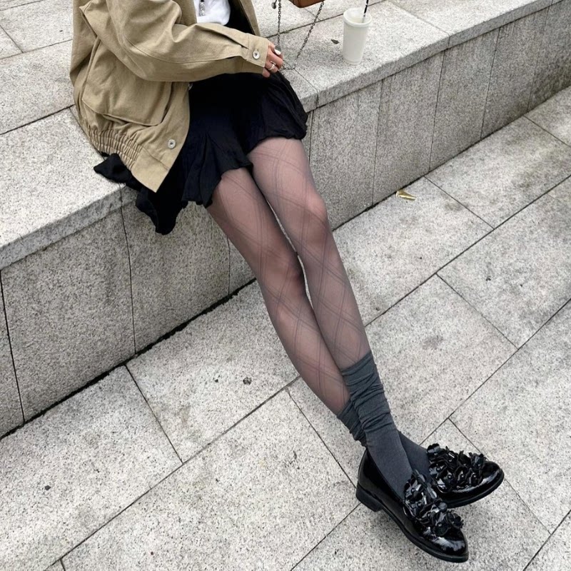美式复古黑色菱形格子丝袜夏薄款女菱格黑丝连裤袜美腿渔网袜子