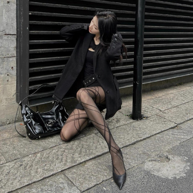 不规则交叉菱格线条丝袜女欲辣妹JK袜子性感打底袜黑丝复古连裤袜