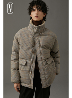 千鸟格羽绒服男士短款宽松冬季新款羊羔毛拼接加厚保暖鸭绒外套男
