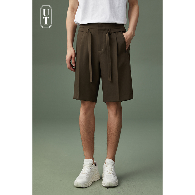 垂坠感松紧抽绳单褶短裤男士速干夏季薄款宽松休闲设计感五分裤男
