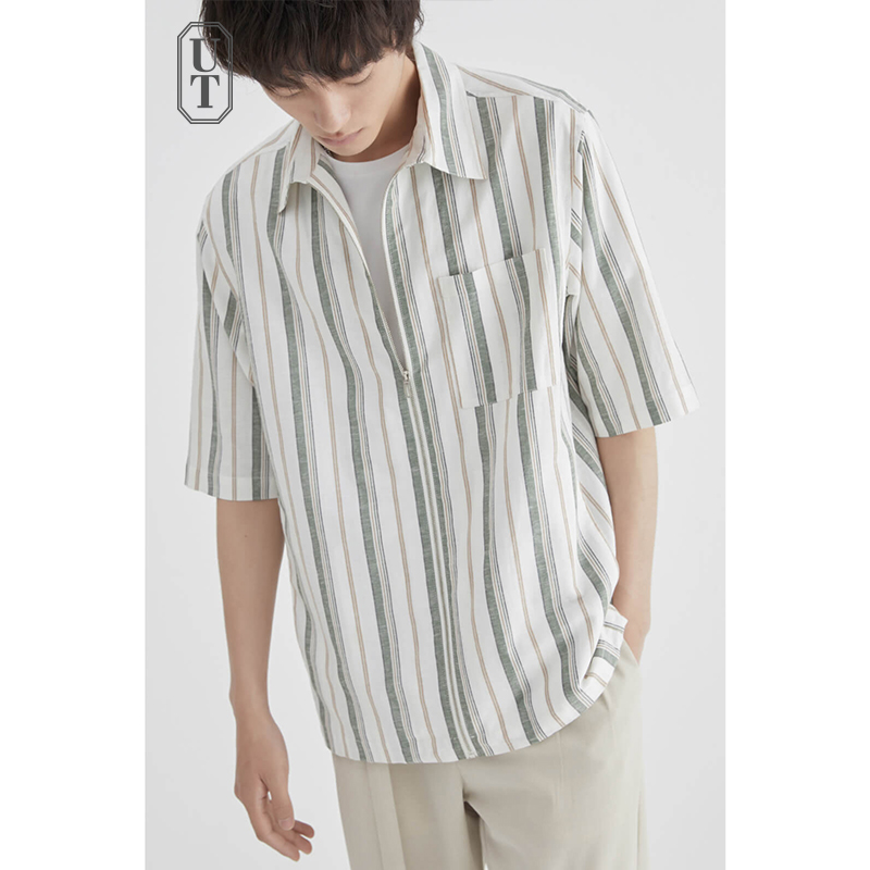 2020夏季竖条纹短袖衬衫男宽松休闲中袖韩版潮流帅气亚麻衬衣男