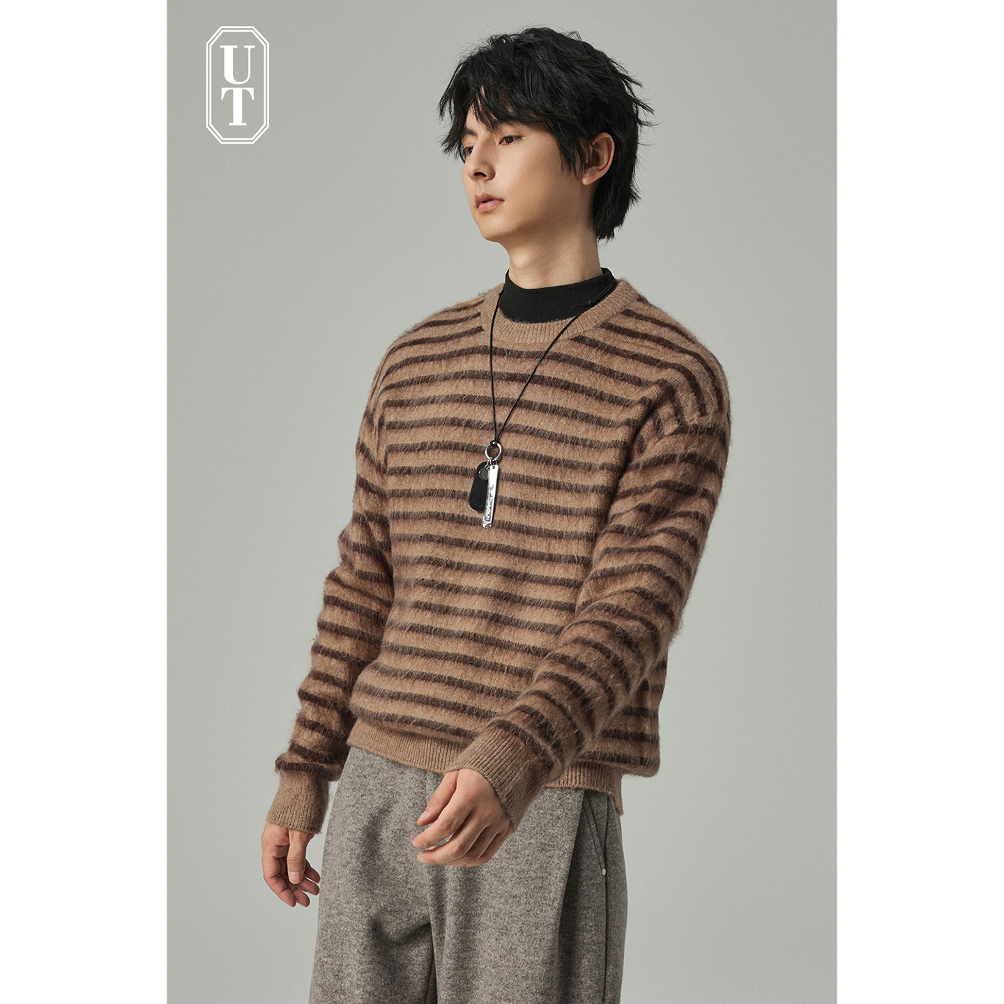 加厚重磅条纹拼接圆领针织衫男士内搭经典老钱风轻奢毛衣厚款保暖