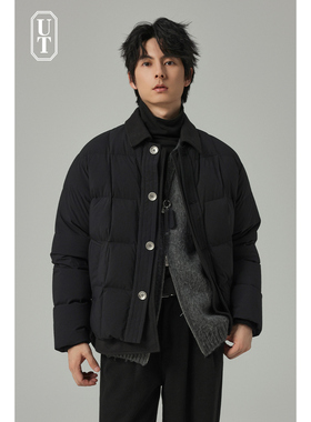 翻领假两件加厚羽绒服男短款保暖防寒90鸭绒老钱风外套落肩冬季