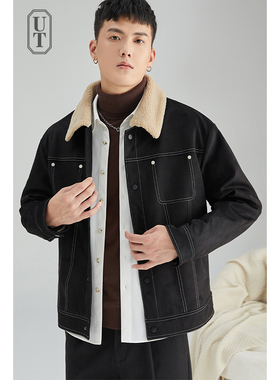 仿羊羔毛夹克男短款休闲韩版潮流冬季加厚工装上衣麂皮绒男士外套