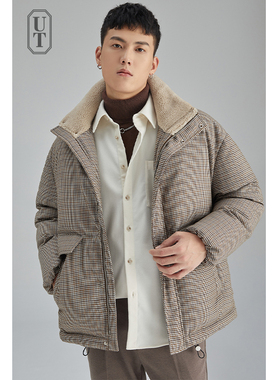 千鸟格羽绒服男士短款宽松冬季新款羊羔毛拼接加厚保暖鸭绒外套男