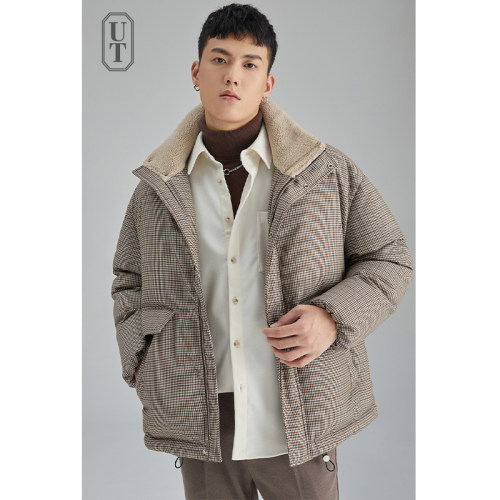 短款千鸟格外套羽绒服羊羔毛保暖