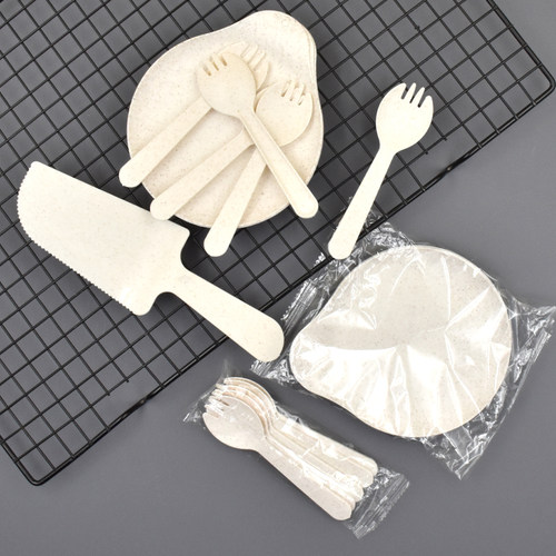 一次性独立包装蛋糕锯齿切刀小麦秸秆水滴盘子餐具甜品冰淇淋叉勺