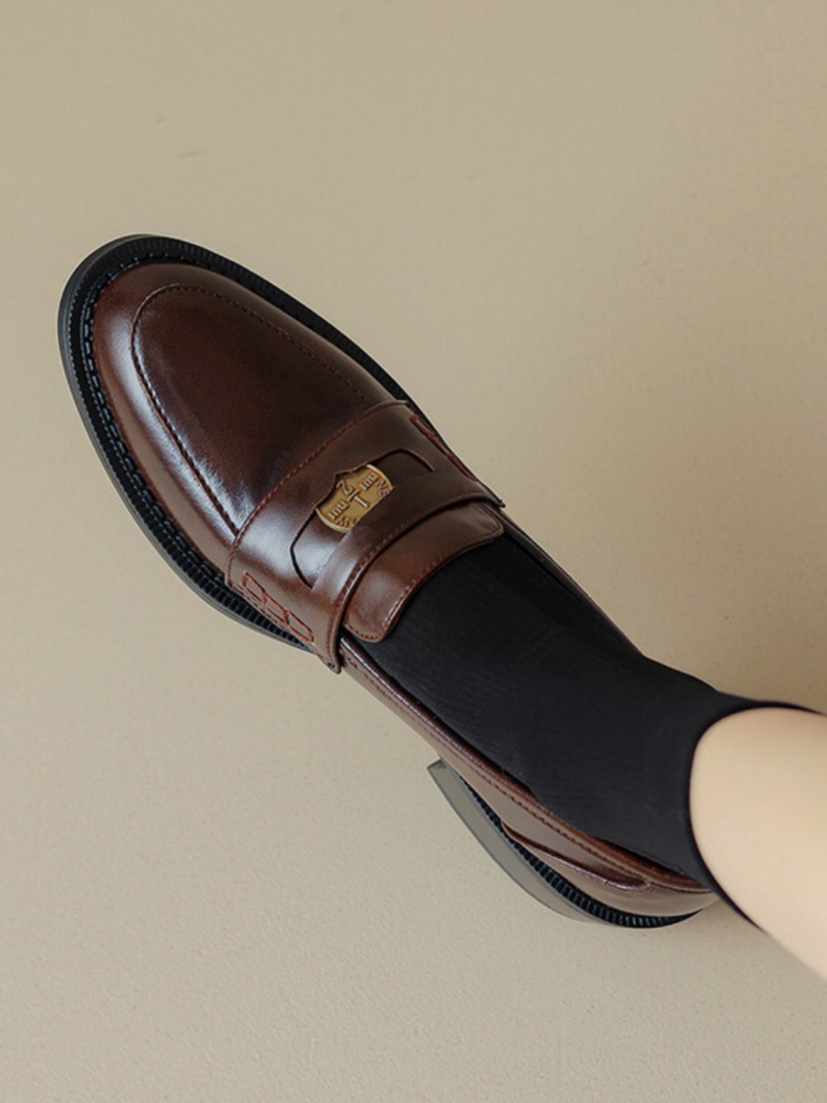 牛皮版~法式棕色复古做旧金币乐福鞋真皮一脚蹬小皮鞋女粗跟单鞋,女鞋,乐福鞋（豆豆鞋）,淘宝优惠券,粉丝福利购,淘宝优惠卷