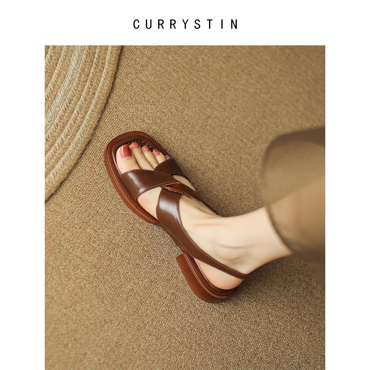 currystin棕色复古凉鞋女款夏季2024年新款真皮罗马凉鞋大码女鞋