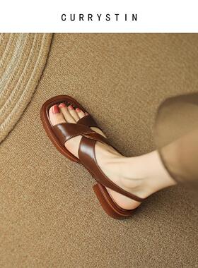 currystin棕色复古凉鞋女款夏季2024年新款真皮罗马凉鞋大码女鞋