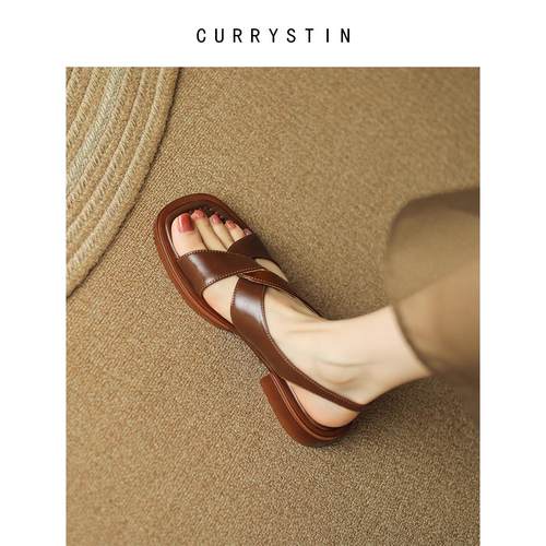currystin棕色复古凉鞋女款夏季2024年新款真皮罗马凉鞋大码女鞋