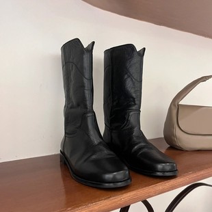 韩国howus气质套脚百搭单靴子西部牛仔美拉德棕色中筒马丁靴女