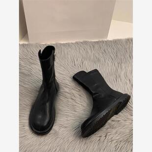 牛皮版~2025年短靴女秋冬季加绒软皮平底黑色绒面瘦瘦靴马丁靴