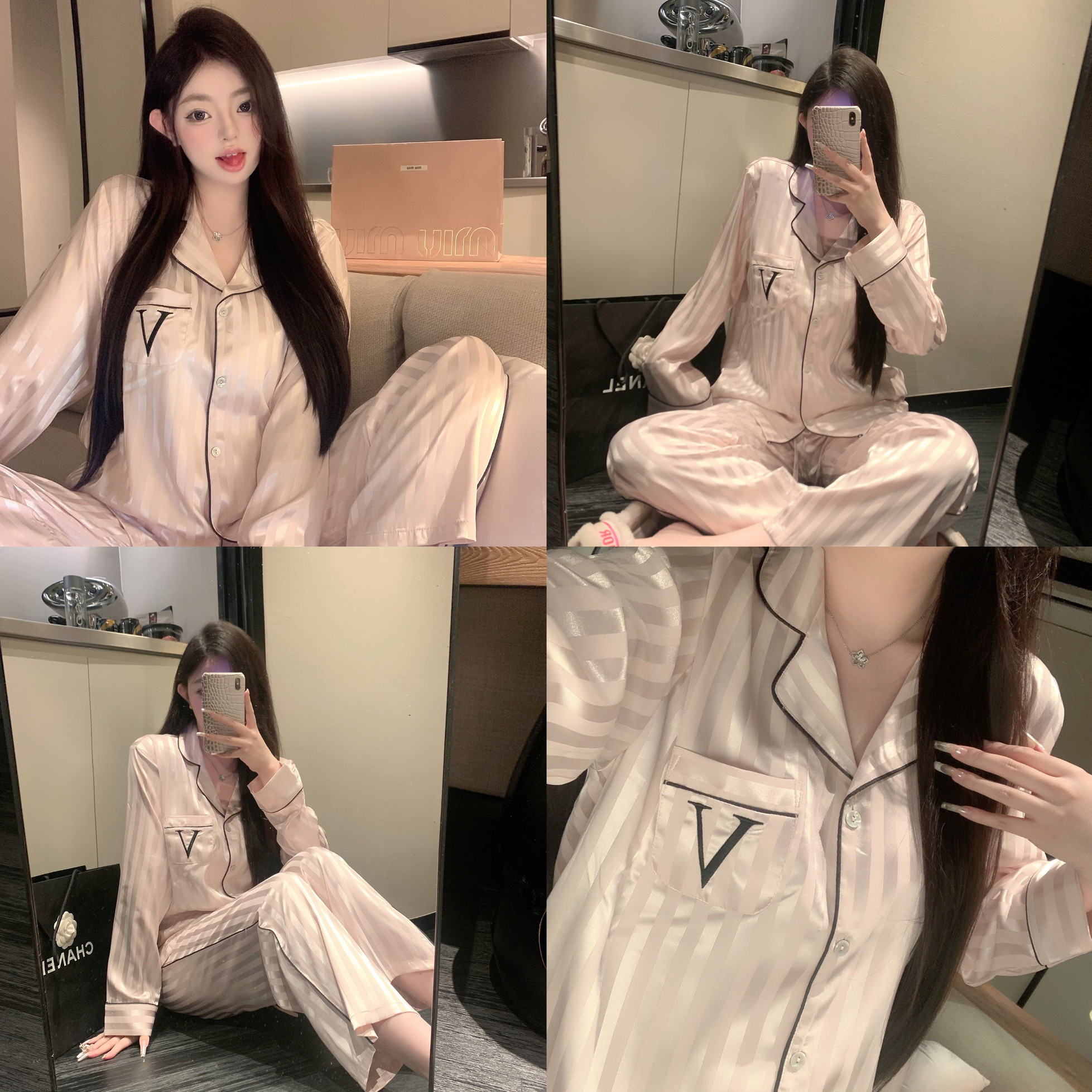 捞捞酱「千金的松弛感」高级ins条纹水光缎舒适秋冬家居服睡衣新