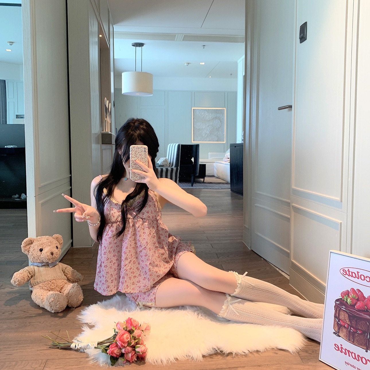 日系少女甜美短裤吊带家居服纯棉