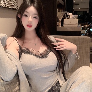 捞捞酱「裸感宅家day」莫代尔带胸垫睡衣女纯欲风家居服三件套