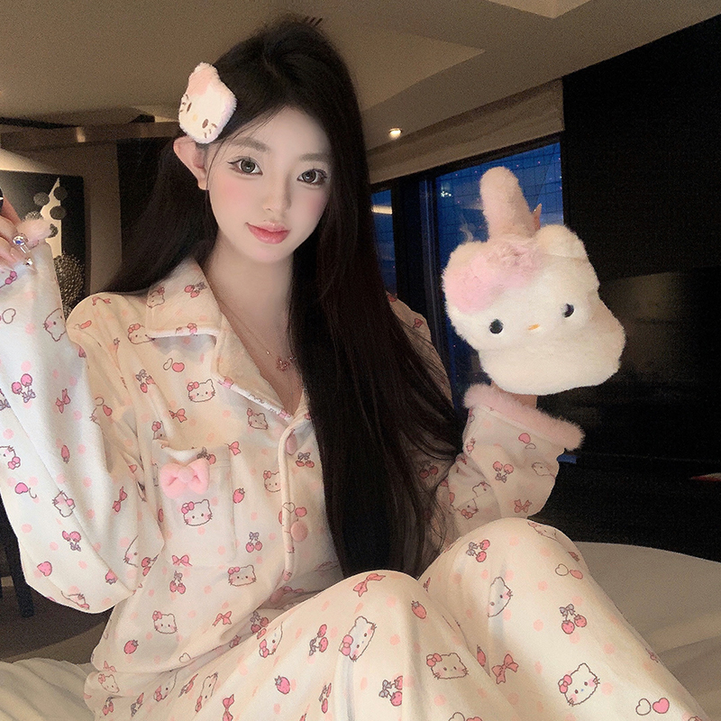 捞捞酱「暖暖Kitty」原创海岛绒睡衣女秋冬款2025新款冬季家居服