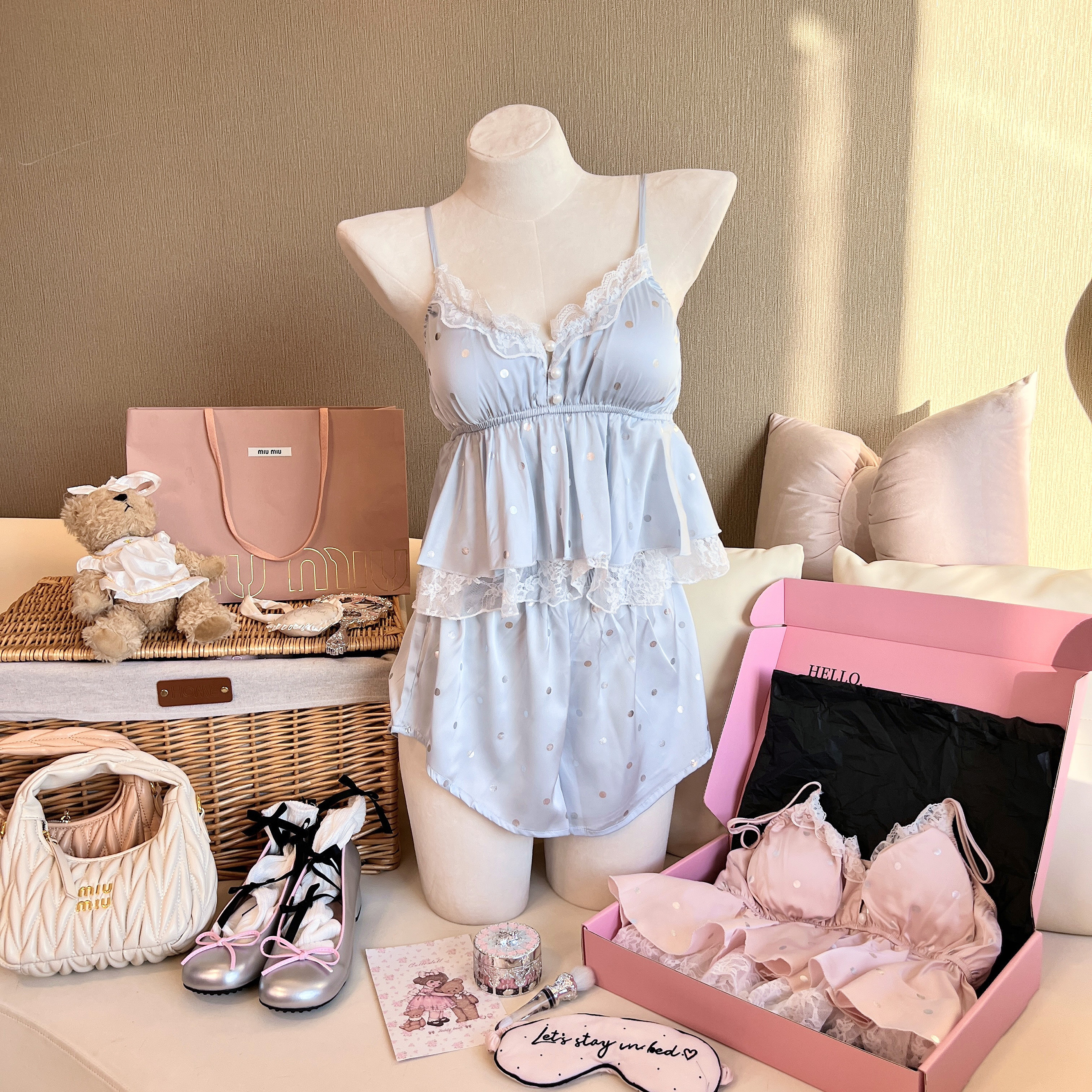 LaoLao酱「miu感摇篮曲」日系纯欲蕾丝吊带短裤睡衣套装带胸垫夏