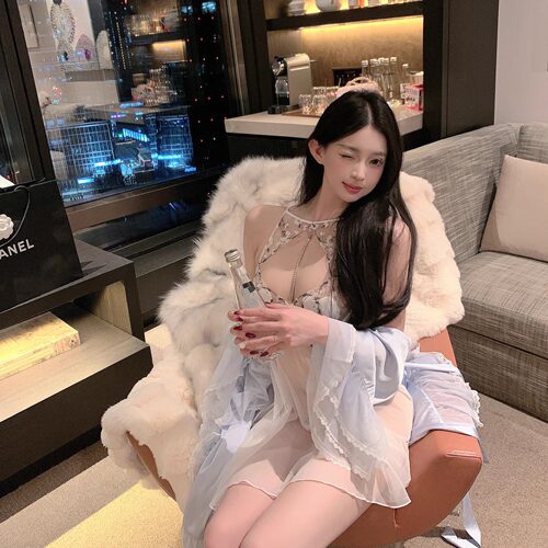 捞捞酱「欲系美人」纯欲网纱蕾丝性感吊带睡裙睡袍高级家居服女神