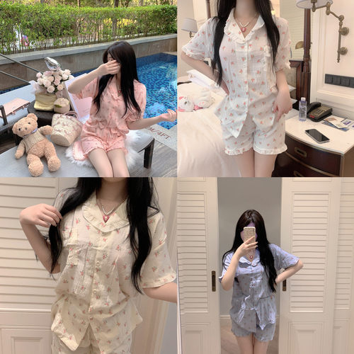 少女法式复古家居服套装短袖碎花