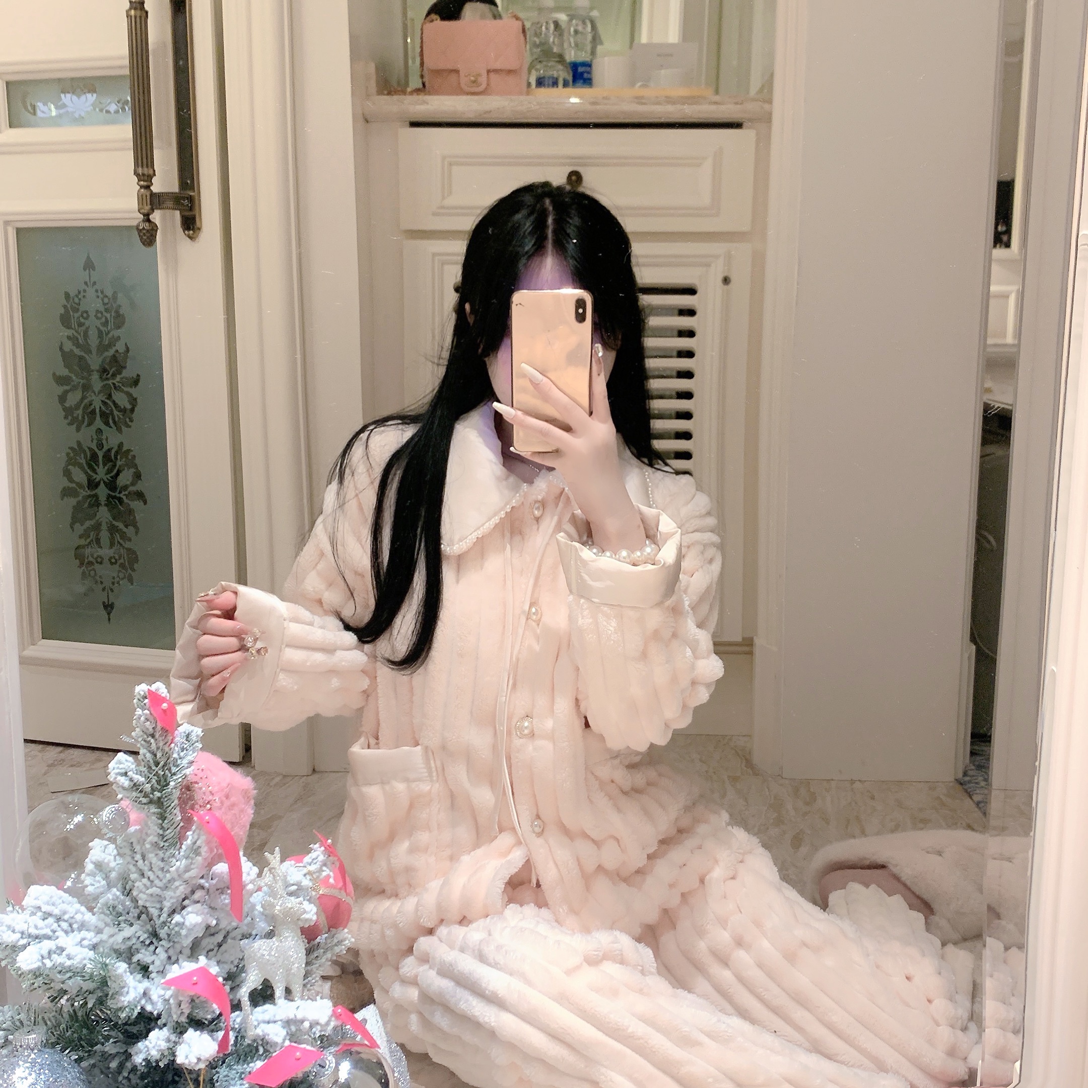 法式复古睡衣家居服珊瑚绒珍珠
