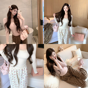 捞捞酱「韩女随心搭」磨毛打底带胸垫秋冬雪粒绒懒人睡裤秋冬睡衣