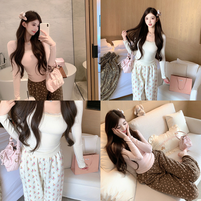 捞捞酱「韩女随心搭」磨毛打底带胸垫秋冬雪粒绒懒人睡裤秋冬睡衣