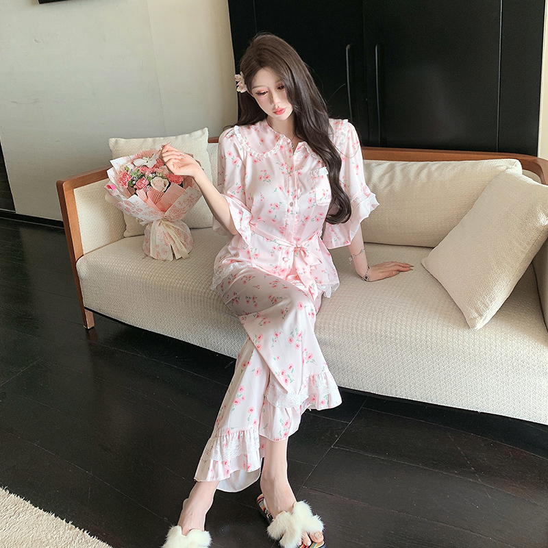碎花少女蕾丝冰丝家居服高级性感