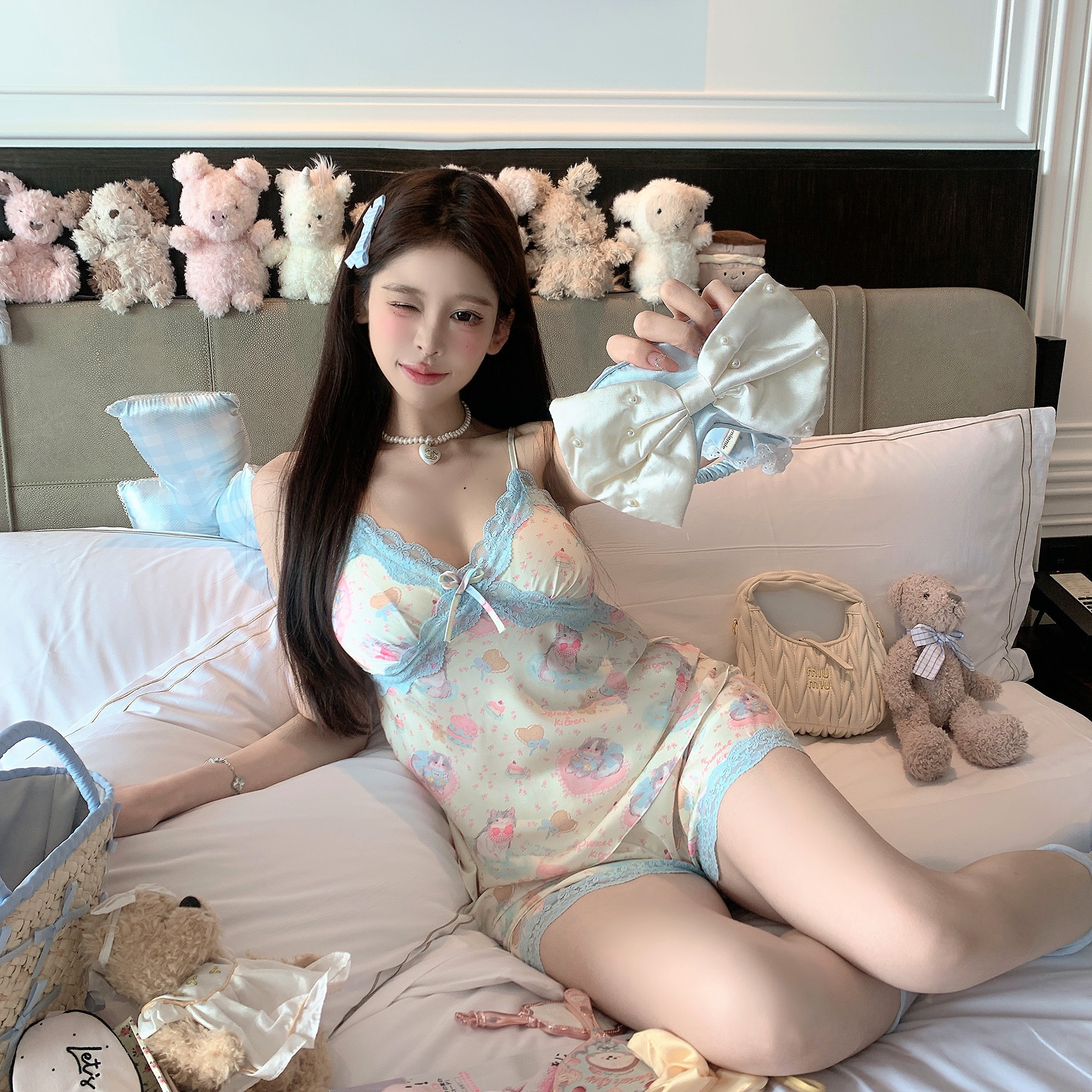 LaoLao酱「海盐起司cat」性感睡衣女夏季冰丝吊带短裤睡裙带胸垫