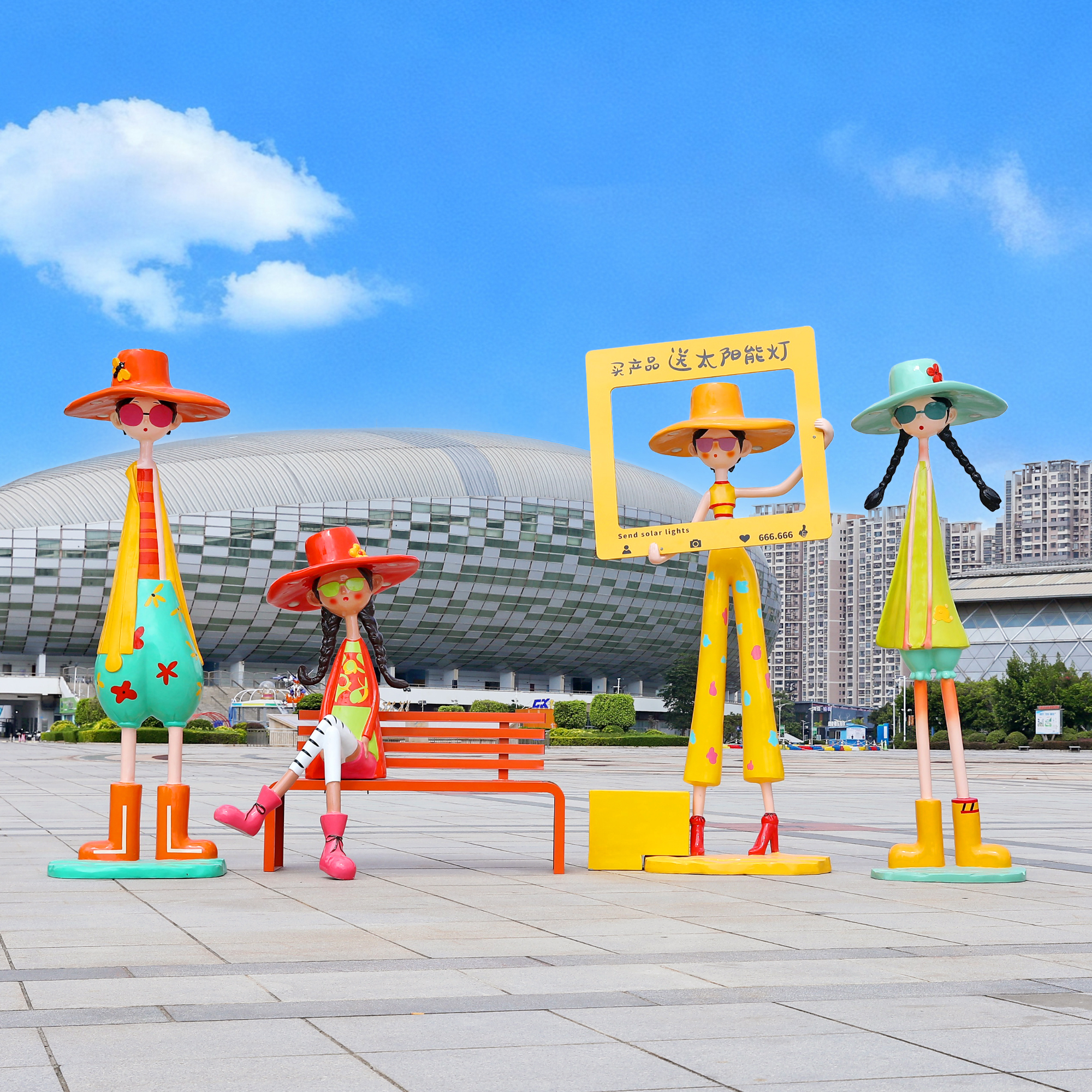 户外女孩玻璃钢雕塑卡通公园商场网红打卡拍照太阳能发光装饰品