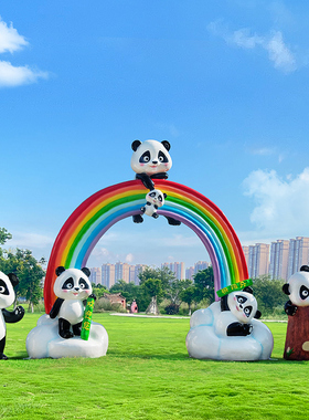 玻璃钢卡通熊猫雕塑景区售楼部彩虹美陈网红拍照打卡动物装饰摆件