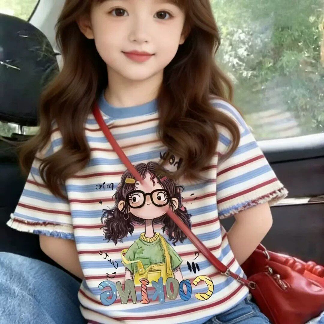 女童t恤夏季新款儿童纯棉短袖中大童美女卡通印花条纹时髦上衣潮T