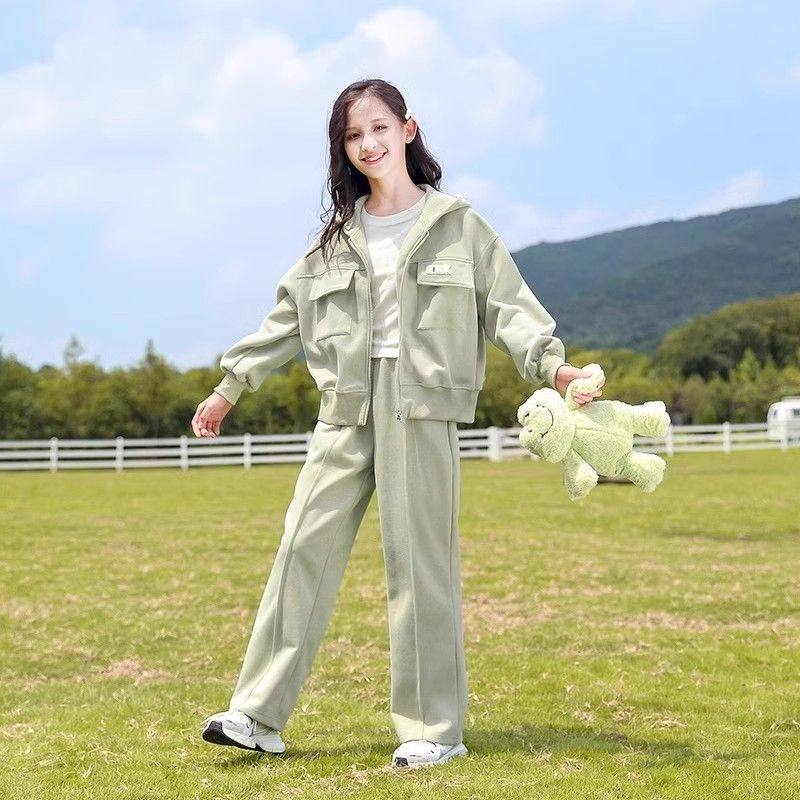 女童春秋套装2025中大童连帽外套直筒宽松休闲裤舒适工装两件套潮