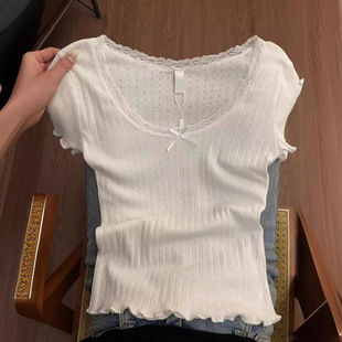 甜美气质百搭纯欲风 白色蕾丝T恤上衣夏季 少女感 正肩修身 显瘦短袖