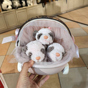 长隆动物园纪念品熊猫毛绒玩偶公仔手提摇篮萌帅酷三胞胎初生礼物